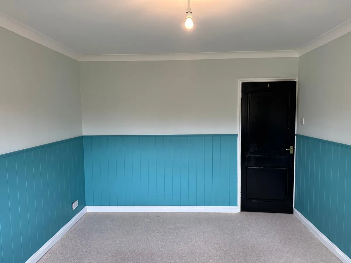 Teal tongue and groove wall panelling